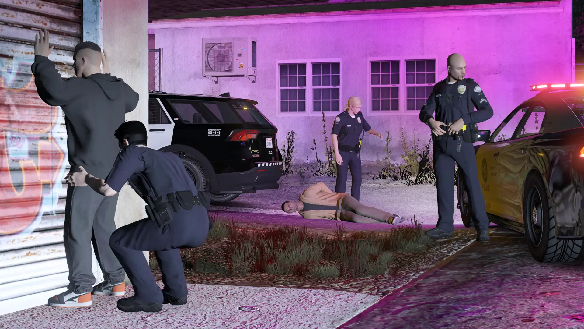 야간 현장에서 용의자를 검문하는 LSPD 경관들